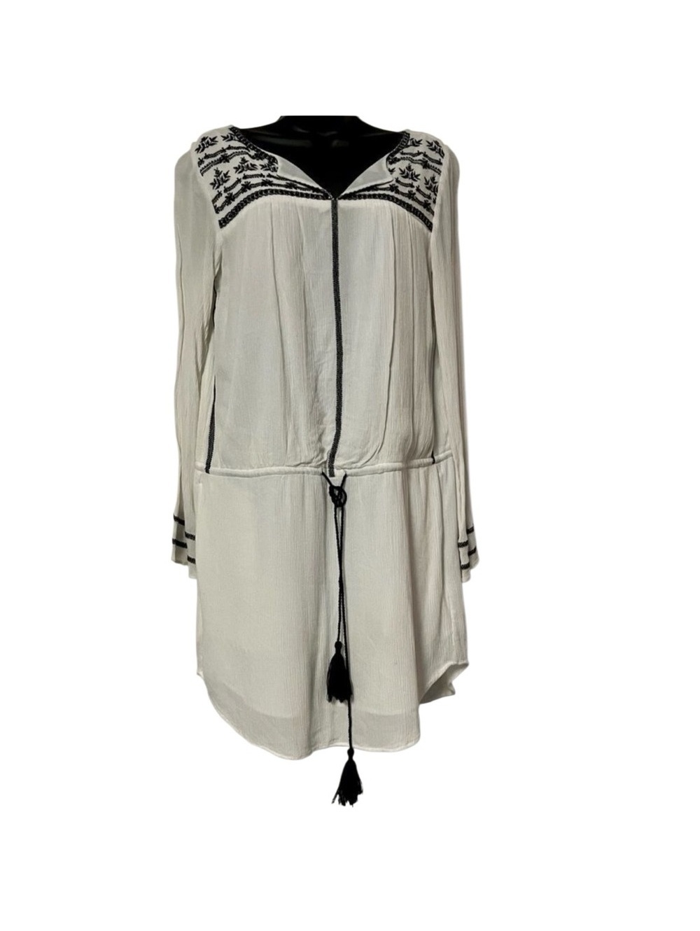 Y2K GAP BOHO EMBROIDERED CREAM BLACK DROP WAIST TASSLE POCKETS PEASANT DRESS M